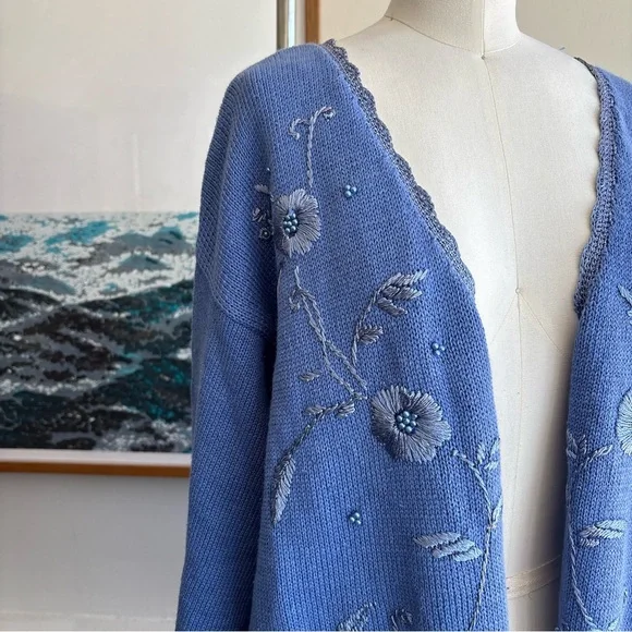 Extra Touch Women's Cardigan in Blue with Floral Embroidery - Picture 2 of 9